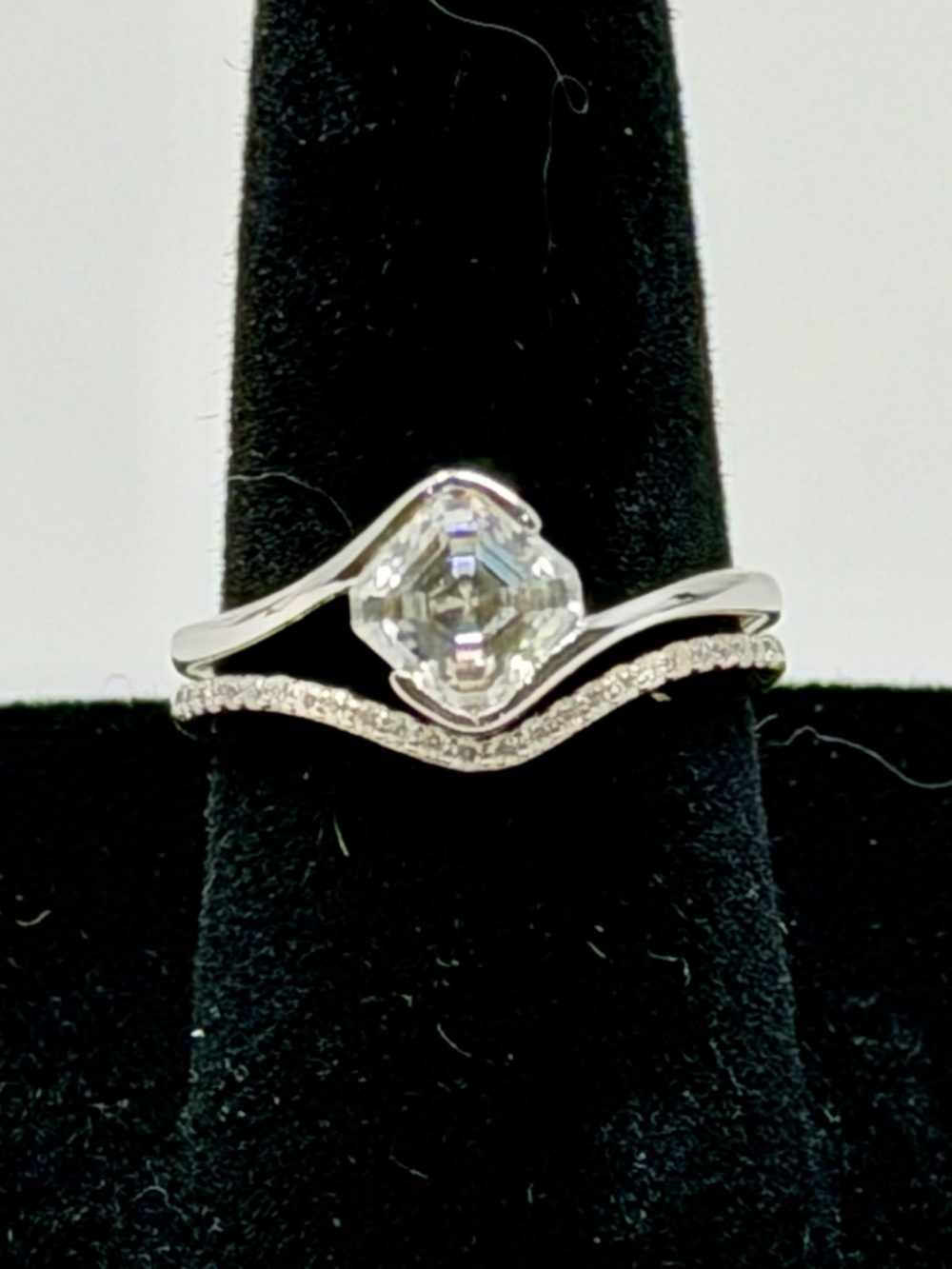 1.25 tcw Moissanite Asscher Cut Solitaire Ring and Moissanite Chevron Band Set